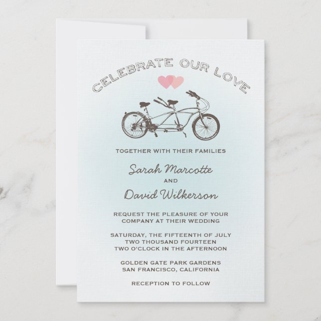Blue Tandem Bicycle Wedding Invitation (Front)