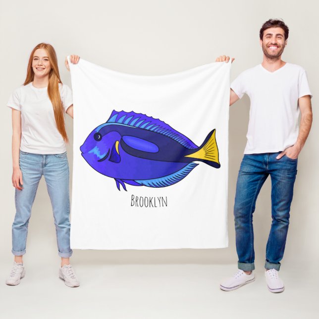 Blue tang fish cartoon illustration fleece blanket (In Situ)