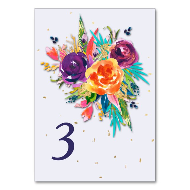 Blue Tangerine Floral Bouquet Wedding Table Number (Front)