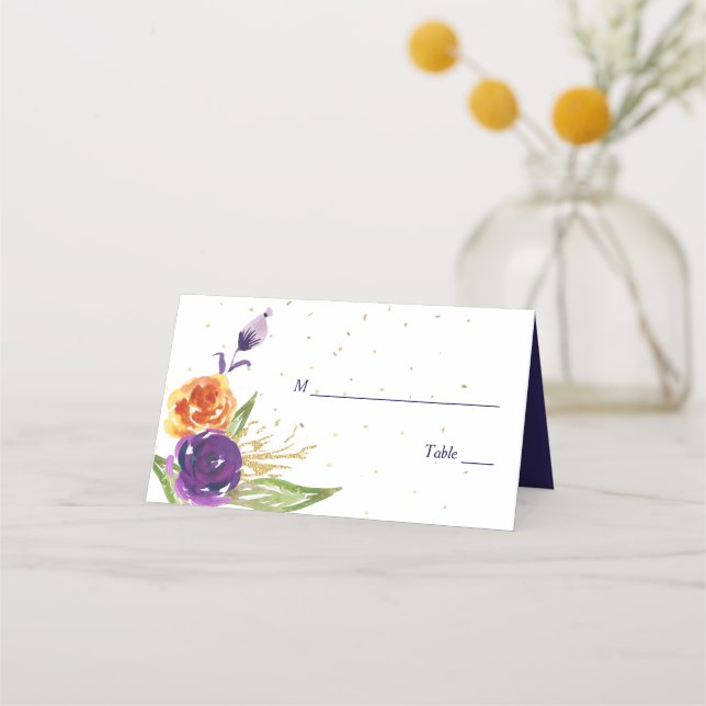 Blue Tangerine Floral Wedding Place Card (Front)