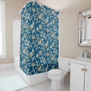 Blue Tansy Teal Modern Vintage Floral Toile Shower Curtain
