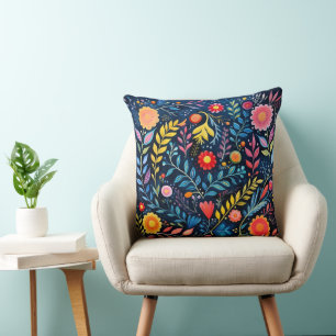 Blue tapestry floral throw pillow. cushion