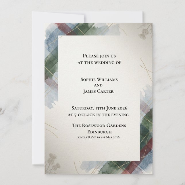 Blue Tartan Botanical Wedding Invitation (Front)