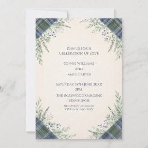 Blue Tartan Botanical Wedding Invitation