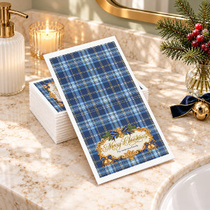 Blue Tartan Merry Christmas Paper Napkin