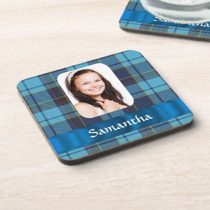 Blue tartan photo plaid template coaster