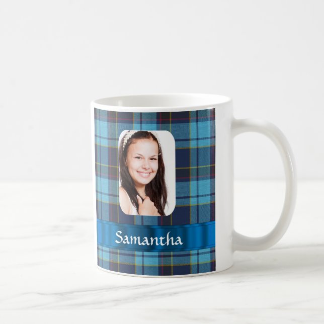 Blue tartan photo template coffee mug (Right)