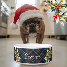 Blue tartan Plaid Christmas Holly Name dog 