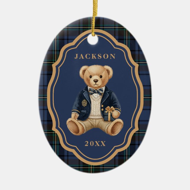 Blue Tartan Plaid | Christmas Teddy Bear Ceramic Tree Decoration (Front)