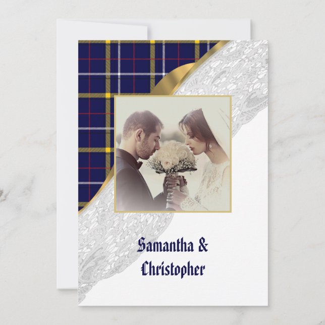 Blue tartan plaid lace wedding photo invitation (Back)