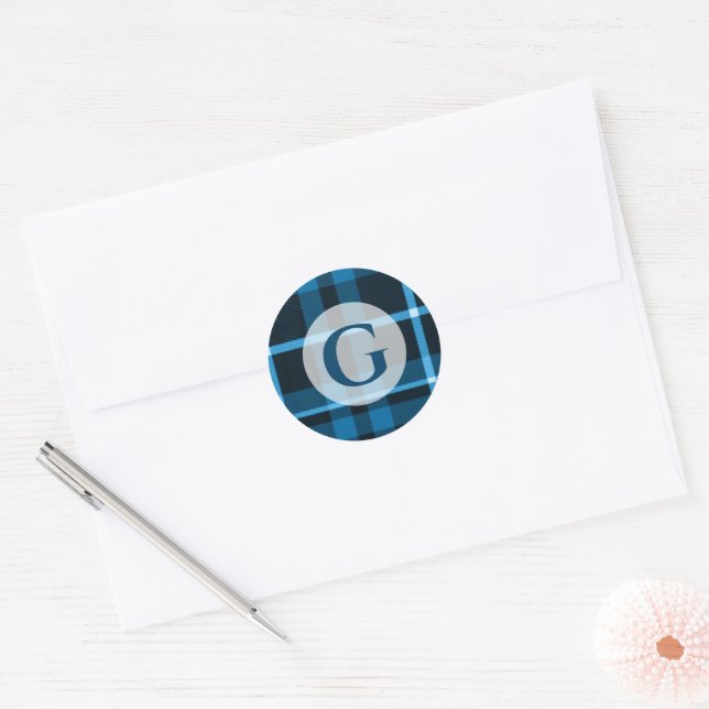 Blue Tartan Plaid Monogrammed Classic Round Sticker (Envelope)