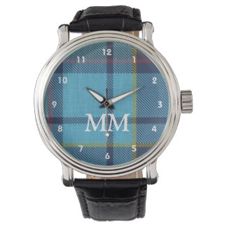 Blue tartan plaid monogrammed watch