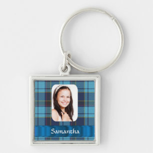 Blue tartan plaid photo template key ring