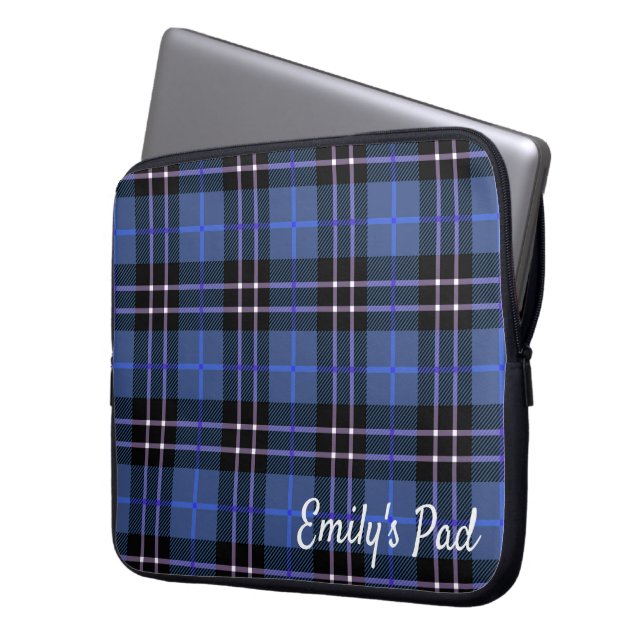 Blue Tartan Plaid With Name  Laptop Sleeve (Front Left)