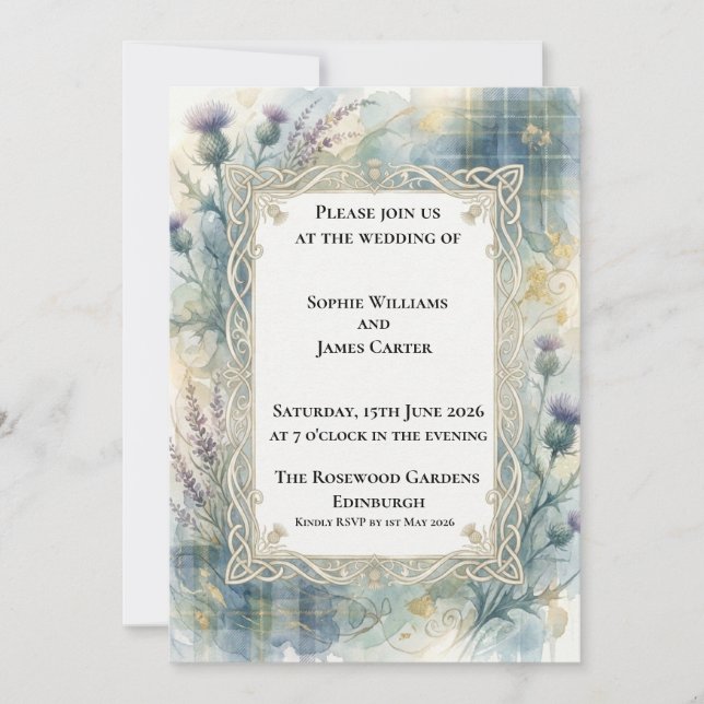 Blue Tartan Thistle Wedding Invitation (Front)