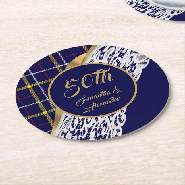 Blue tartan wedding round paper coaster (Angled)