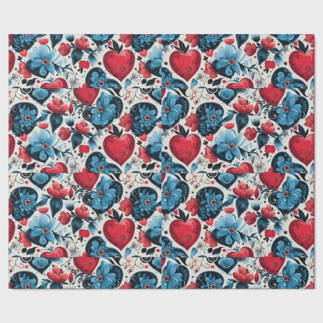Blue Tattoo Hearts Digital Theme Wrapping Paper (Seam)