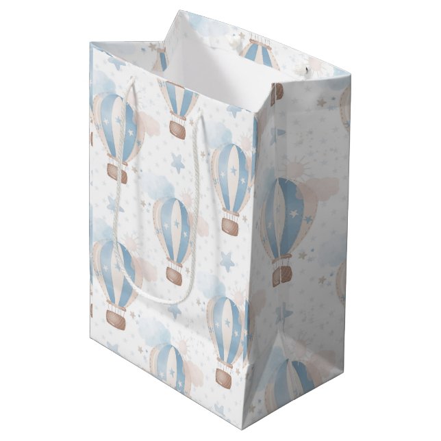 Blue Taupe Air Balloons Stars Clouds Boy Shower Medium Gift Bag (Front Angled)