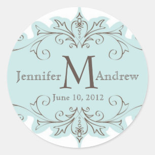Blue Taupe Swirl Monogram Wedding Date Stickers