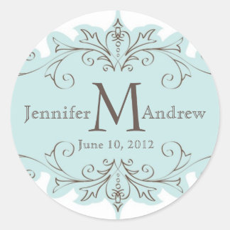 Blue Taupe Swirl Monogram Wedding Date Stickers