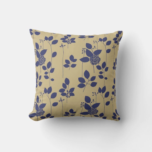 Blue Taupe Tan Brown Floral Pattern Cushion (Front)