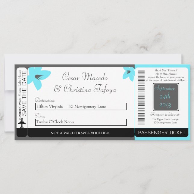 Blue Tea Arizona Boarding Pass Wedding Invitation (Front)