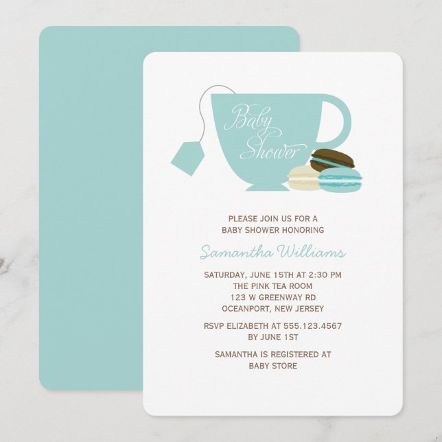 Blue Tea Cup and Macarons Baby Shower Invitation (Front/Back)
