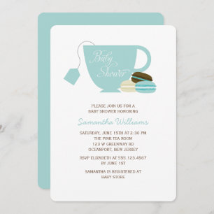 Blue Tea Cup and Macarons Baby Shower Invitation