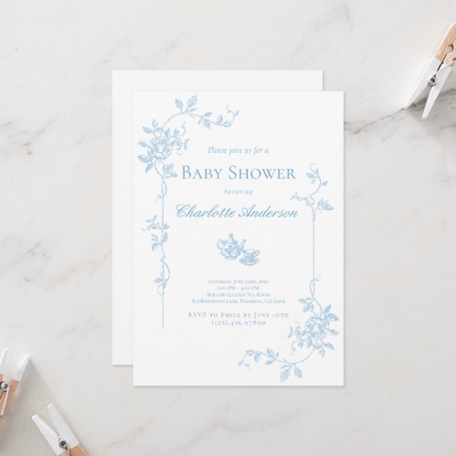 Blue Tea Party Baby Shower Invitation (Front/Back In Situ)