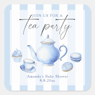 Blue Tea Party Baby Shower Square Sticker