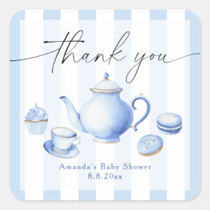 Blue Tea Party Baby Shower Thank you Square Sticker