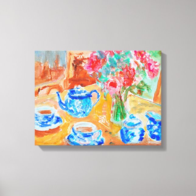 Blue Tea Set with Red Flowers Canvas Print (Front)