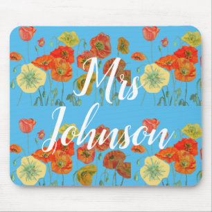Blue Teachers Name floral Computer Mouse Mat Pad