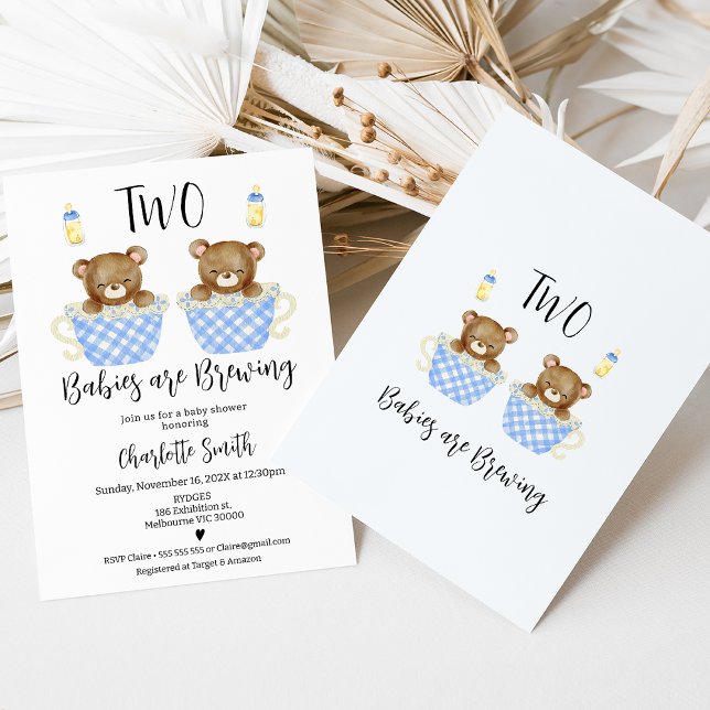 Blue Teacups Twins Two Babies Brewing Baby Shower Invitation (Cute two babies are brewing baby boy twins baby shower invitation featuring two bears in teacups.)