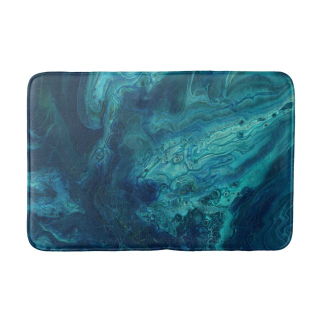 Blue Teal Acrylic Pouring Abstract Fluid Art  Bath Mat (Front)