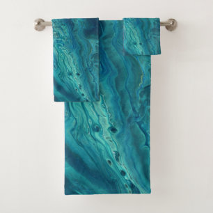 Blue Teal Acrylic Pouring Abstract Fluid Art  Bath Towel Set