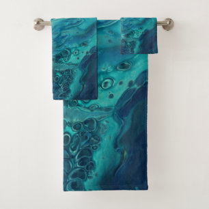 Blue Teal Acrylic Pouring Abstract Fluid Art Bath Towel Set