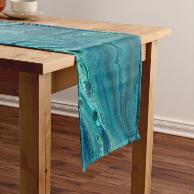 Blue Teal Acrylic Pouring Abstract Fluid Art  Short Table Runner (In Situ)