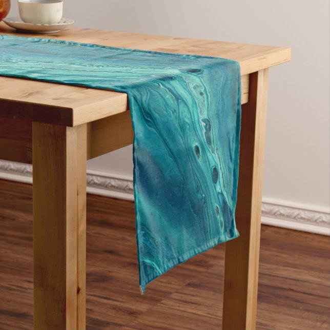 Blue Teal Acrylic Pouring Abstract Fluid Art   Short Table Runner (In Situ)