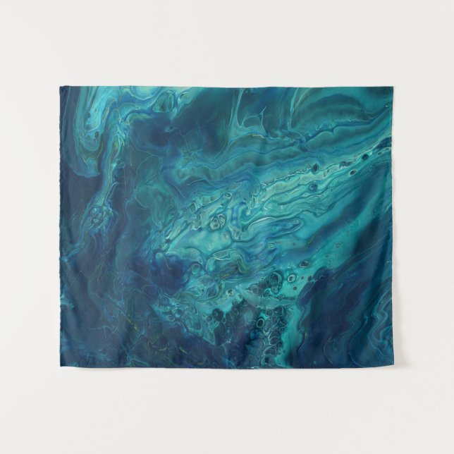 Blue Teal Acrylic Pouring Abstract Fluid Art Tapestry (Front (Horizontal))