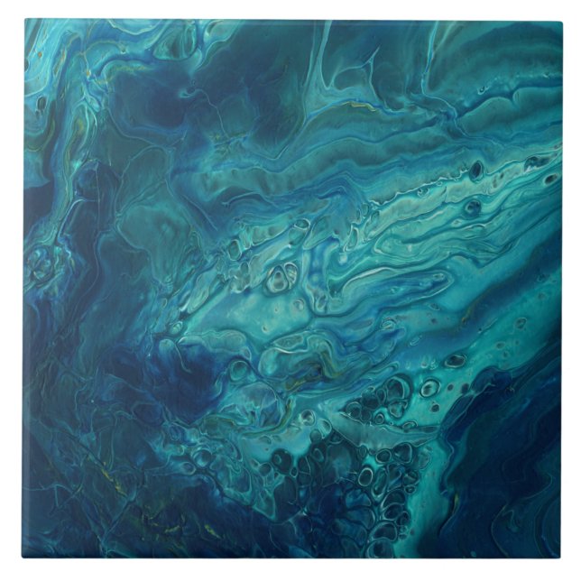 Blue Teal Acrylic Pouring Abstract Fluid Art  Tile (Front)