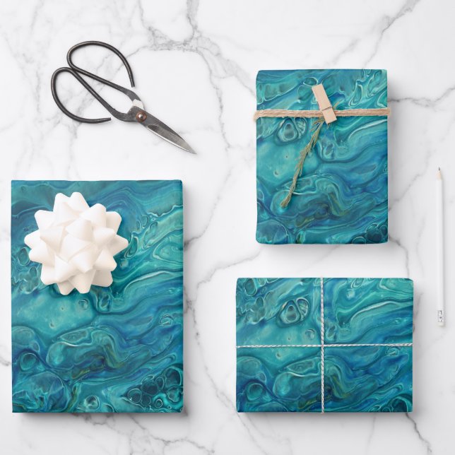 Blue Teal Acrylic Pouring Abstract Fluid Art  Wrapping Paper Sheet (Front)