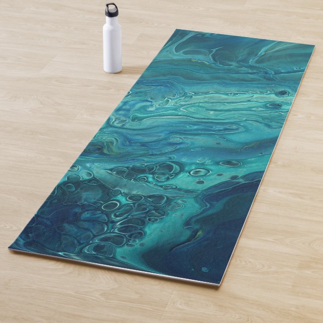 Blue Teal Acrylic Pouring Abstract Fluid Art  Yoga Mat (In Situ)