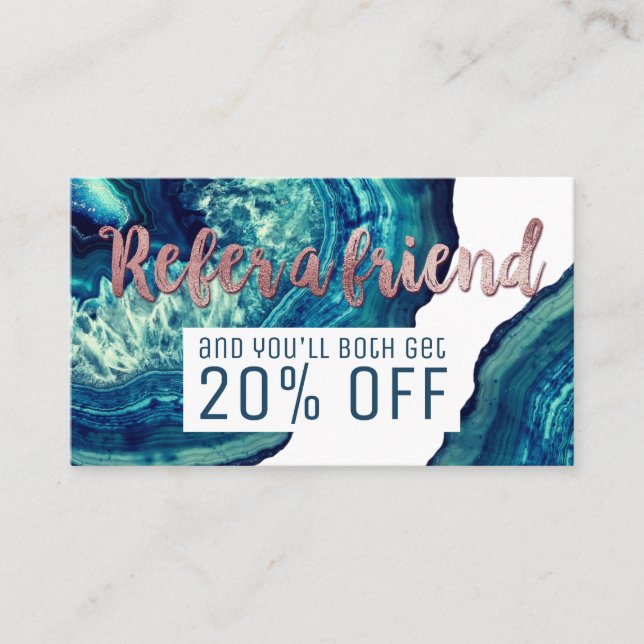 Blue Teal Agate Geode Stone Rose Gold Referral Card (Front)