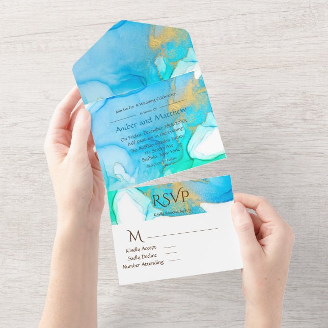 Blue Teal and Gold Alcohol Ink Wedding  All In One Invitation (Tearaway)