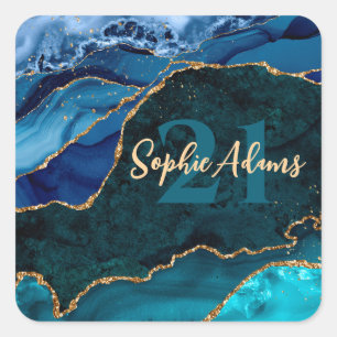 Blue, Teal and Gold Glitter Peacock Agate Birthday Square Sticker