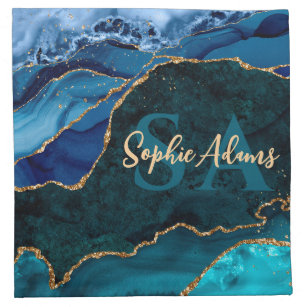 Blue, Teal and Gold Glitter Peacock Agate Napkin