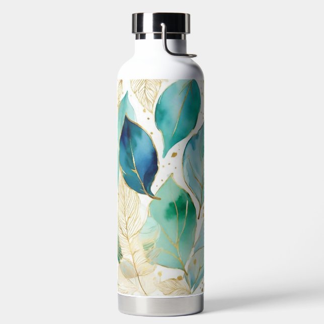 Blue, Teal and Gold Leaves Water Bottle (Left)