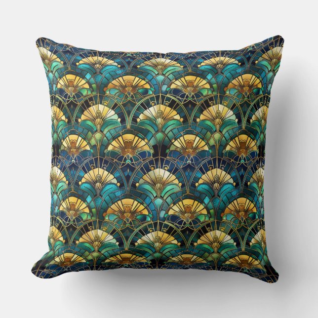 Blue, teal and Gold Peacock Stained Glass Cushion (Front)