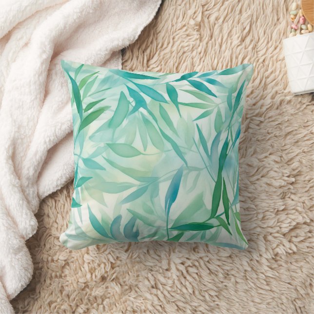 Blue Teal and Green Leaves Contemporary Cushion (Blanket)